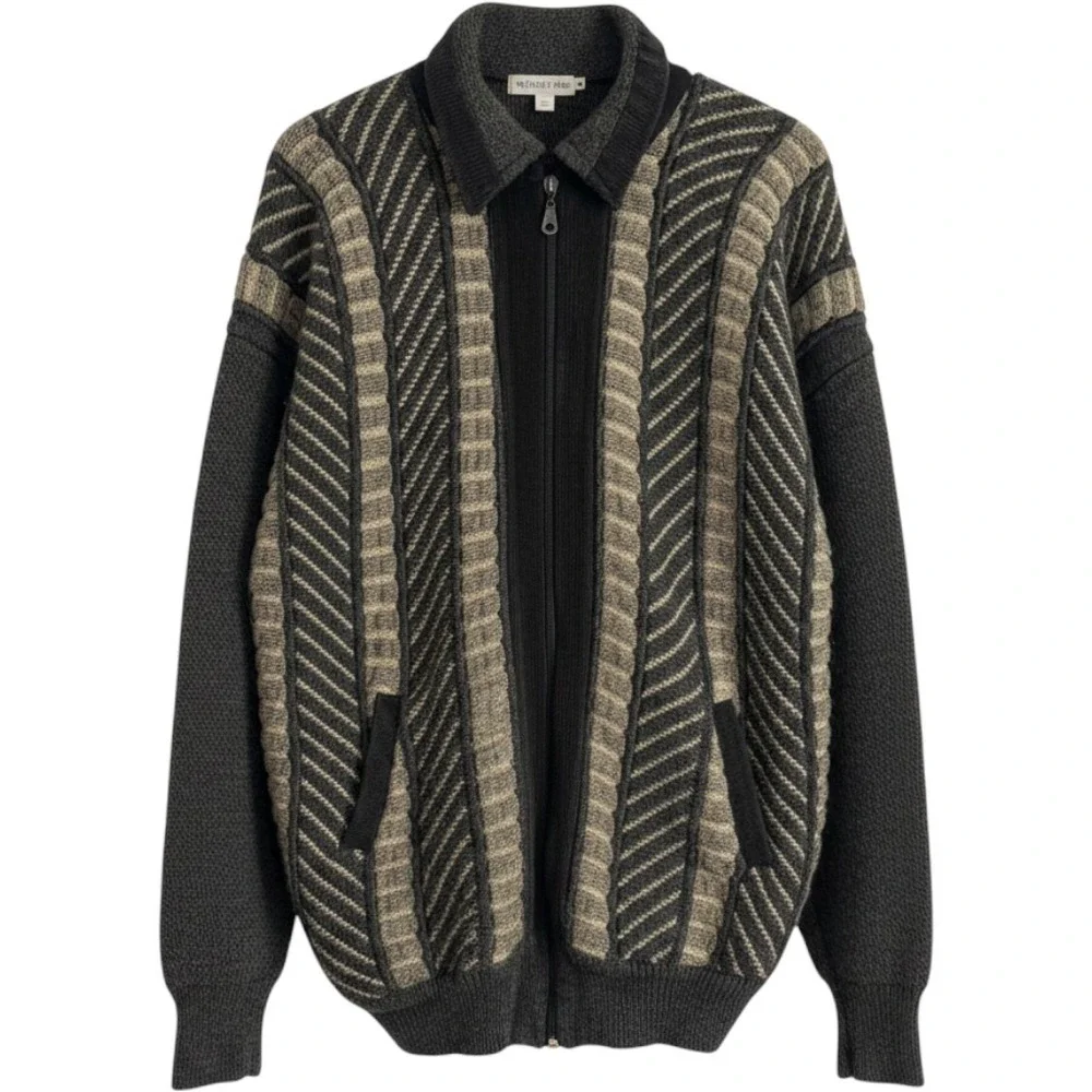 Vintage Mens Geometric Cable Knit Full Zip Cardigan Sweater Grey Tan XL